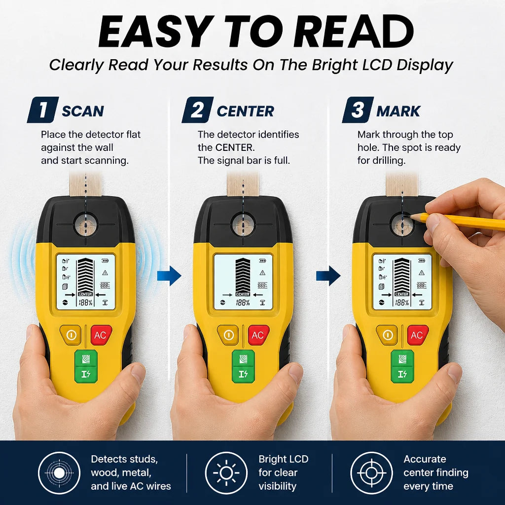 HW-100 Wall Stud Finder with Metal & AC Scanning Modes
