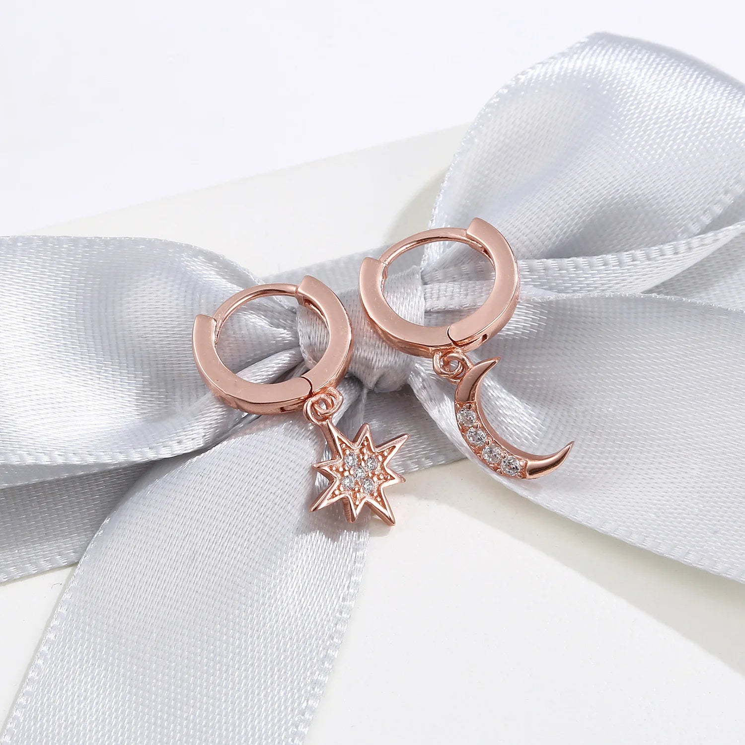 925 Sterling Silver CZ Star Moon Asymmetric Hoop Earrings