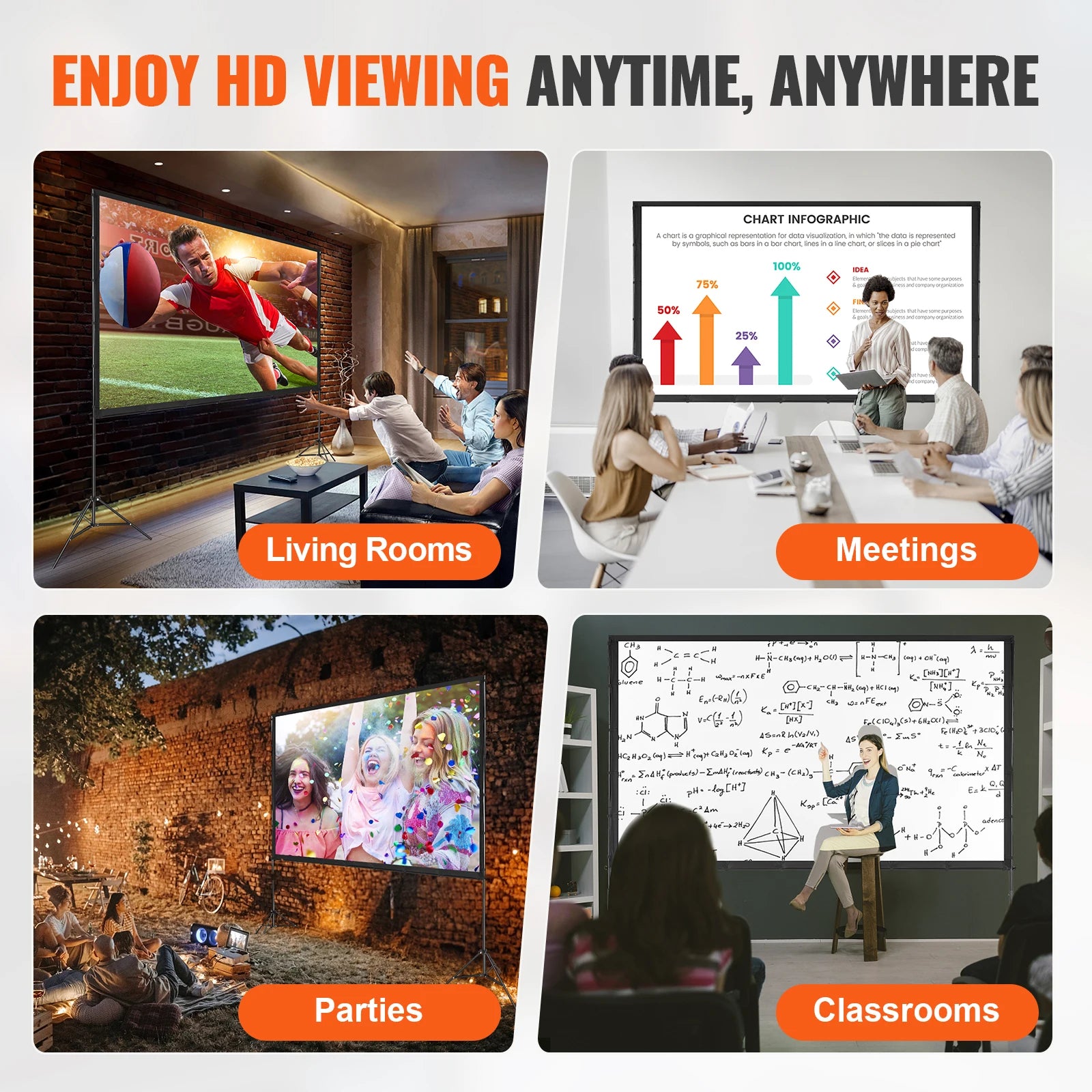 Ecrã de Projetor Portátil 120" com Suporte 16:9 para Filmes ao Ar Livre
