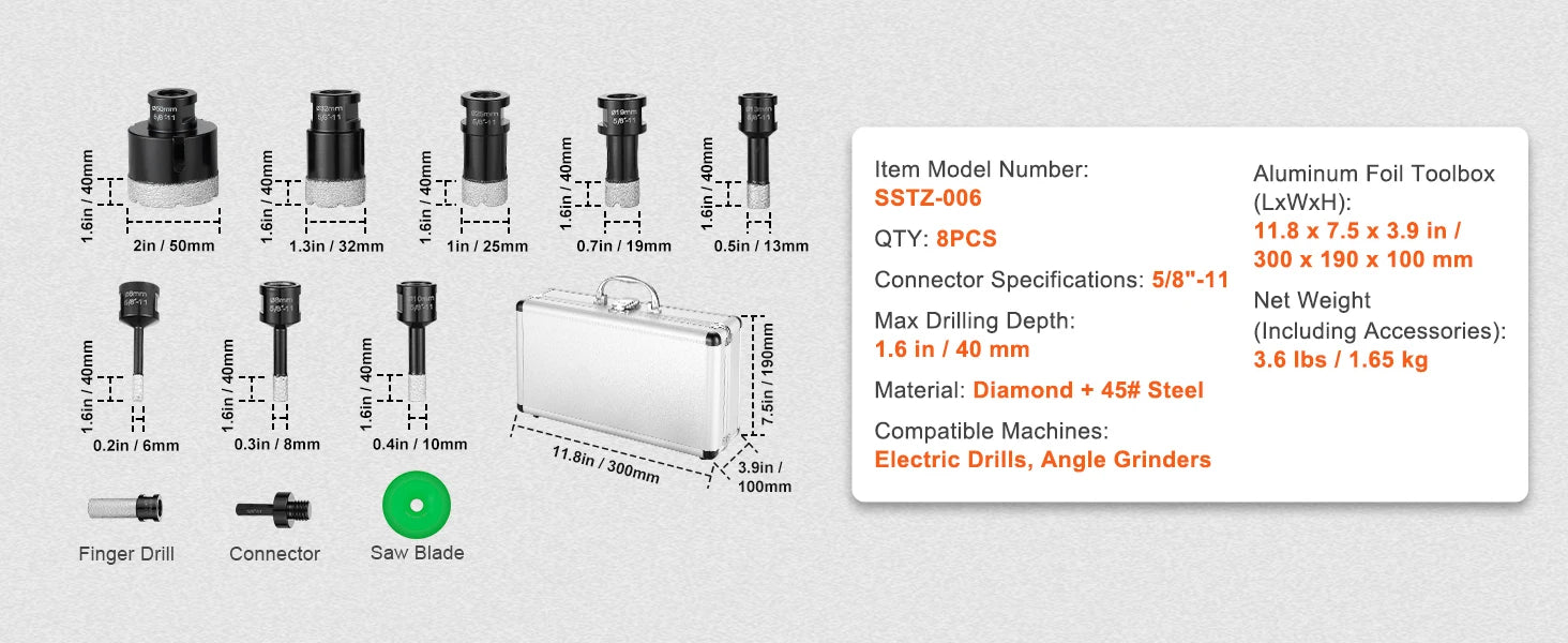 Diamond Core Drill Bit Set for Tile, Granite & Stone (6–11 PCS)
