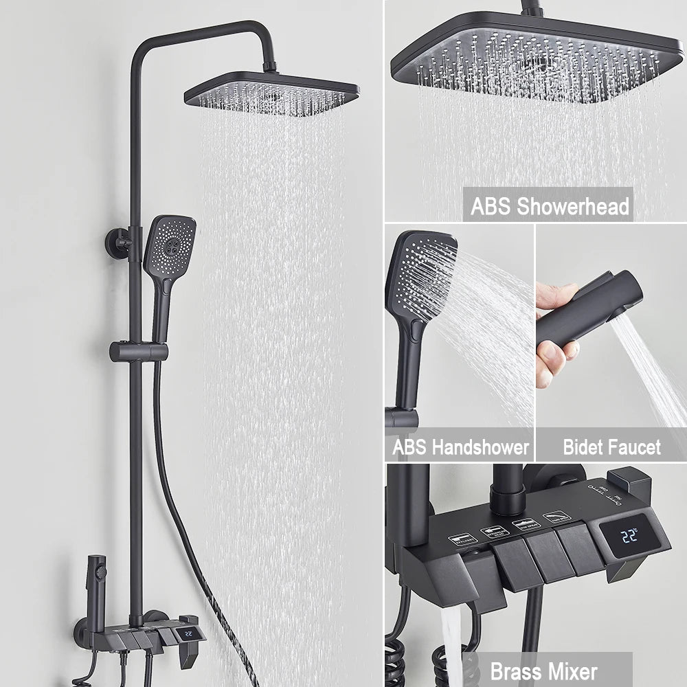 Black Digital Shower Set with Rainfall Head and Hand Shower