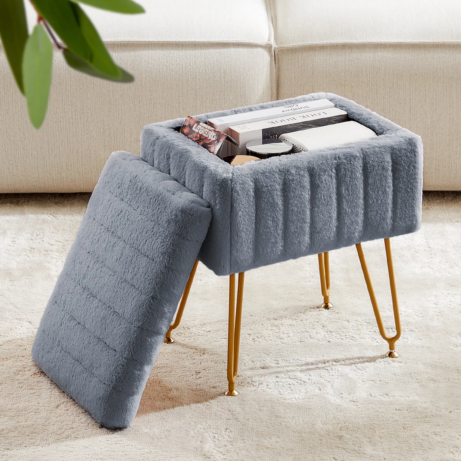 Faux Fur Storage Ottoman Stool with Hidden Compartment & Metal Legs