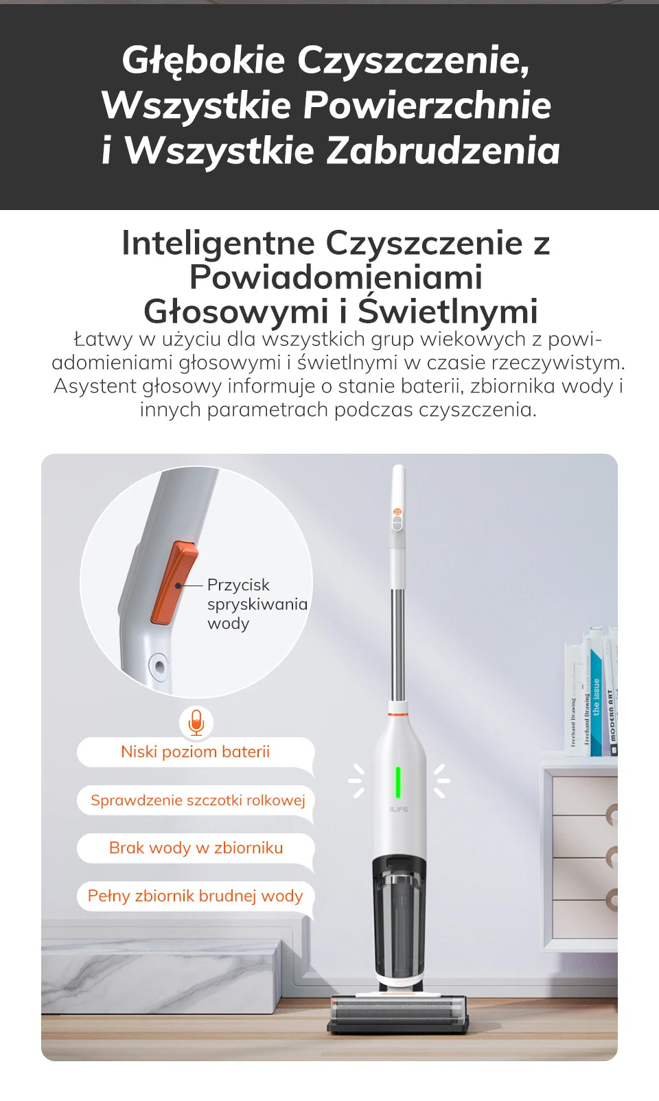 ILIFE W90 Cordless Wireless Wet Dry Smart Mop Washing , 5500Pa Suction, 1 Min Self Cleaning, Large Dual Water Tank