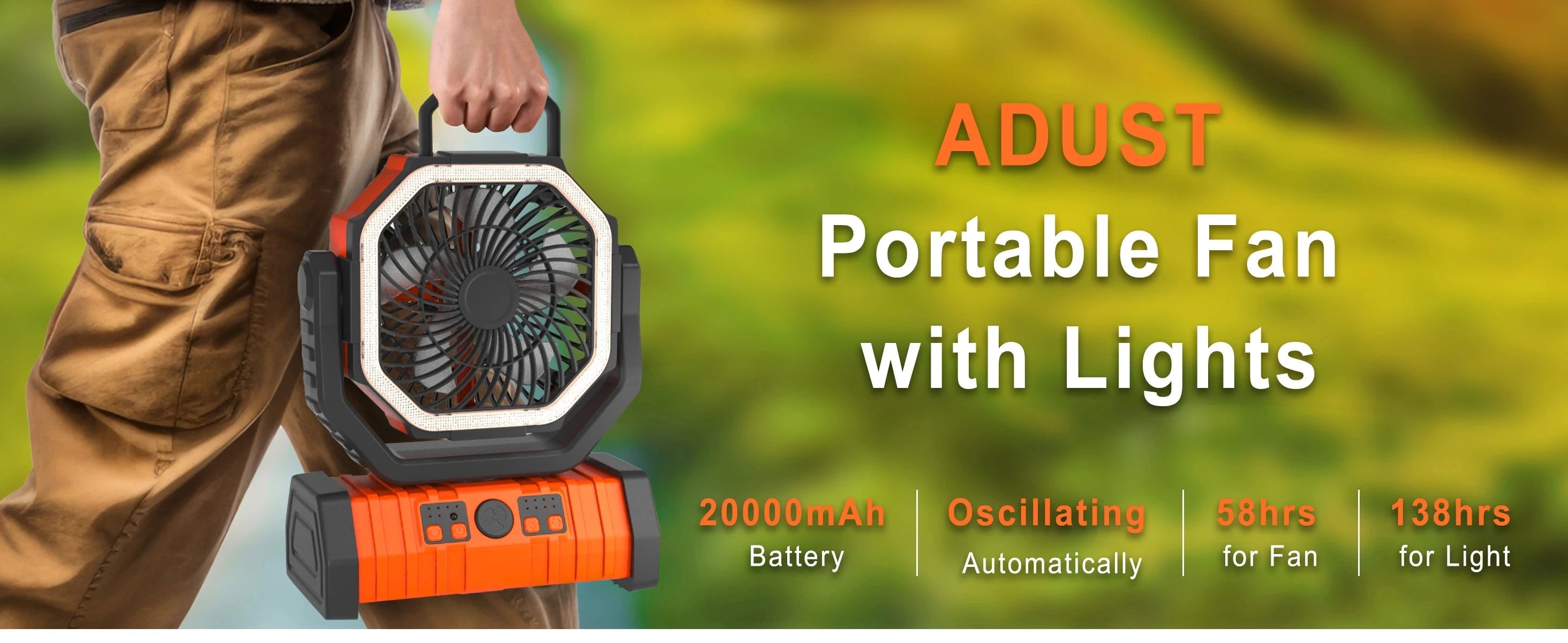 20000mAh High-Capacity Battery LED Light Camping Fan Movable Wireless Air Circulators Outdoor Ventilador with Hook