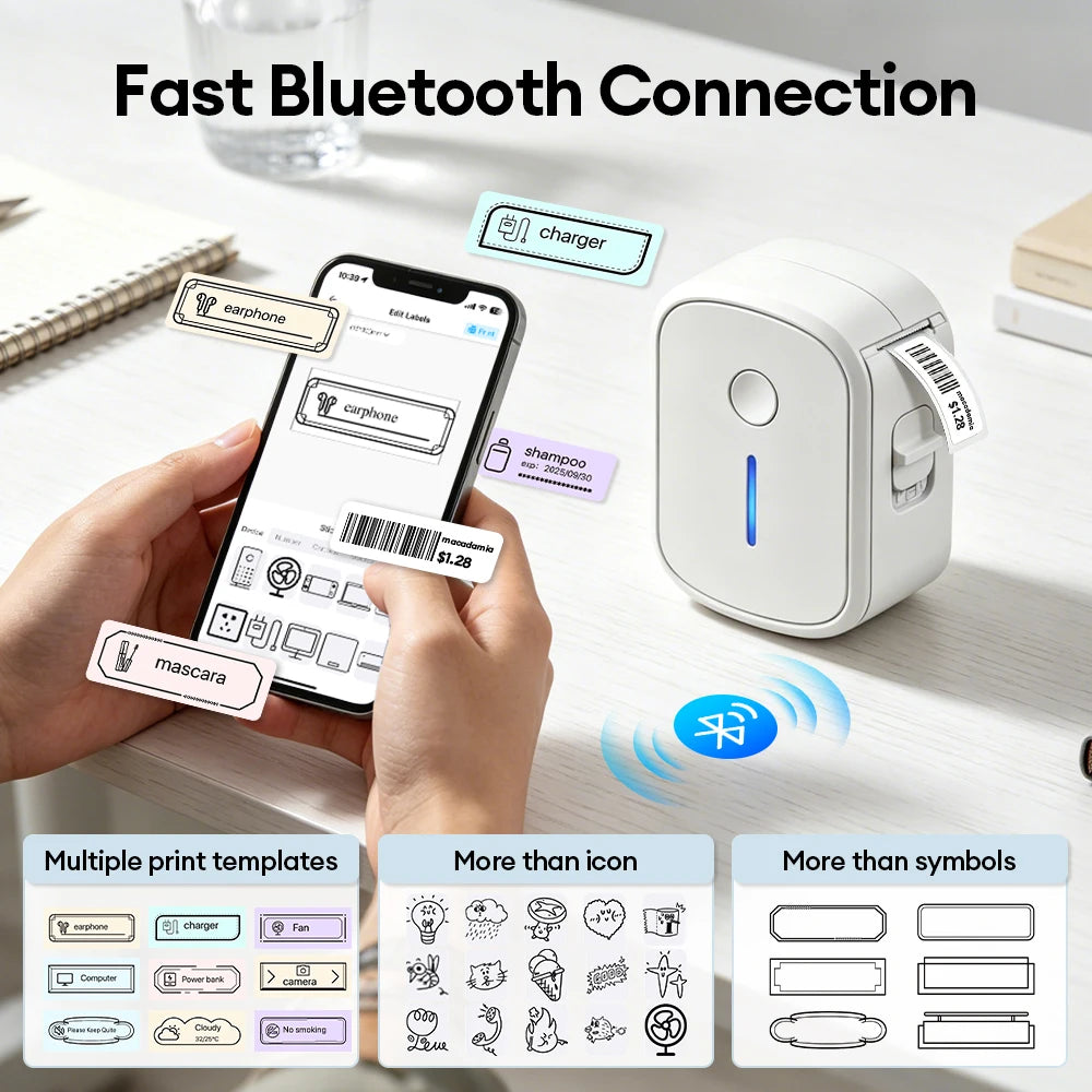 Prenosný mini tlačiareň štítkov Bluetooth bez atramentu samolepiace termálne štítky tlačiareň etikietka mini tlačiar