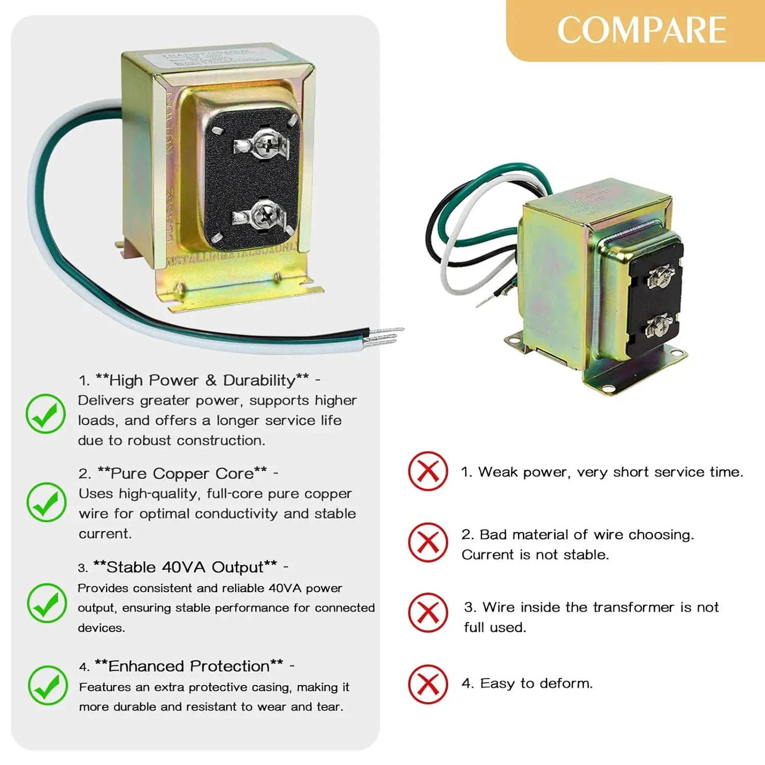 24V AC 40VA Transformer for Doorbells & Thermostats – Stable Power Supply
