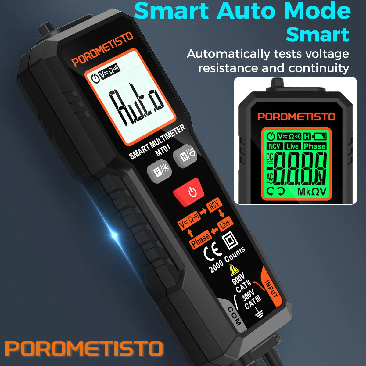 Multímetro digital inteligente POROMETISTO MT01, comprobador de voltaje, herramienta de prueba de cables activos y NCV, 2000 cuentas, voltaje 600V AC/DC