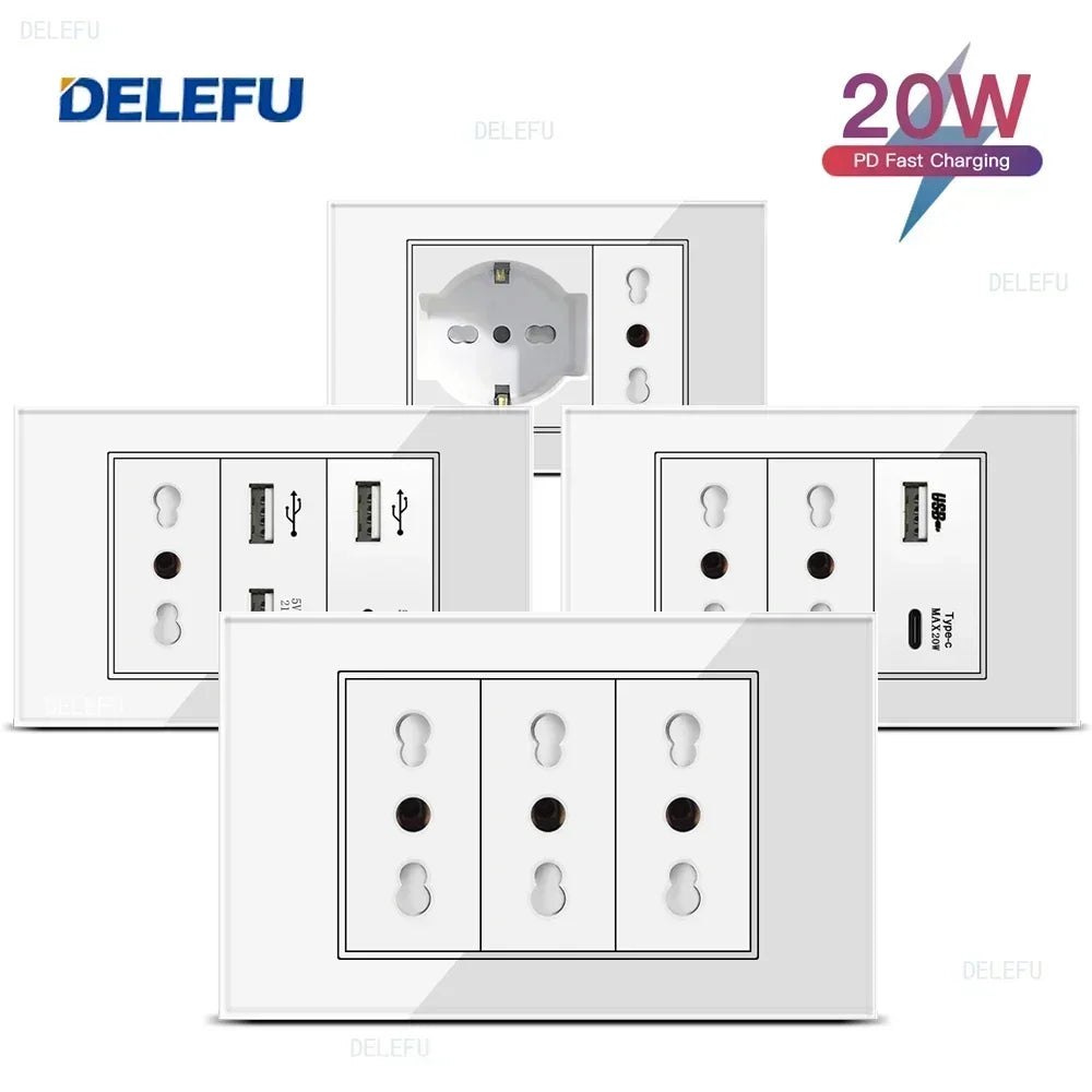 DELEFU White Tempered Glass Italy USB TypeC Fast Charging Wall Socket Schuko Tuya Wifi Smart Switch Sat TV Tel Doorbell Chile