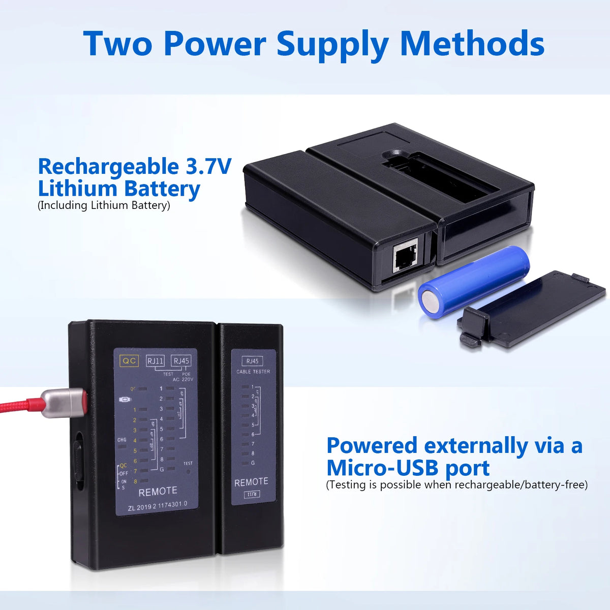 Rechargeable RJ45 and RJ11 Cable Tester