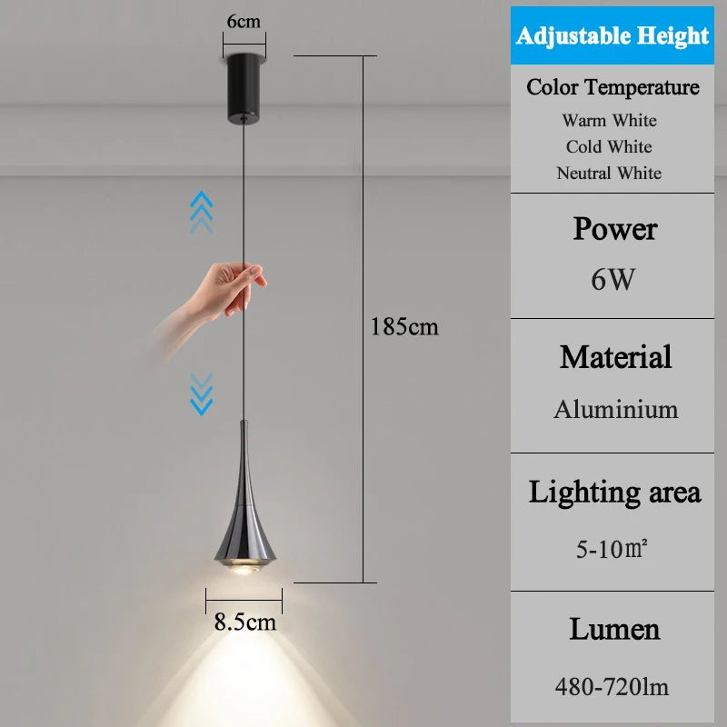6W LED Pendant Light, Fixed or Adjustable Height