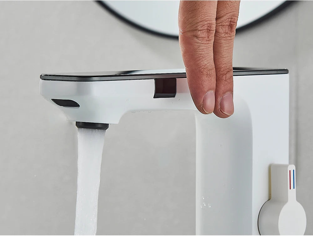 White Smart Sensor Basin Faucet Screen Digital Display Hot Cold Water Mixer Tap Touchless Vanity Sink Faucet For Bathroom