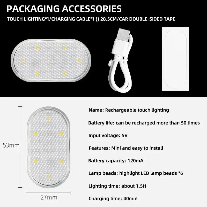 LED Touch Light Mini Wireless Car Interior Lighting Auto Roof Ceiling Reading Lamp for Trunk Storage Box USB Charging