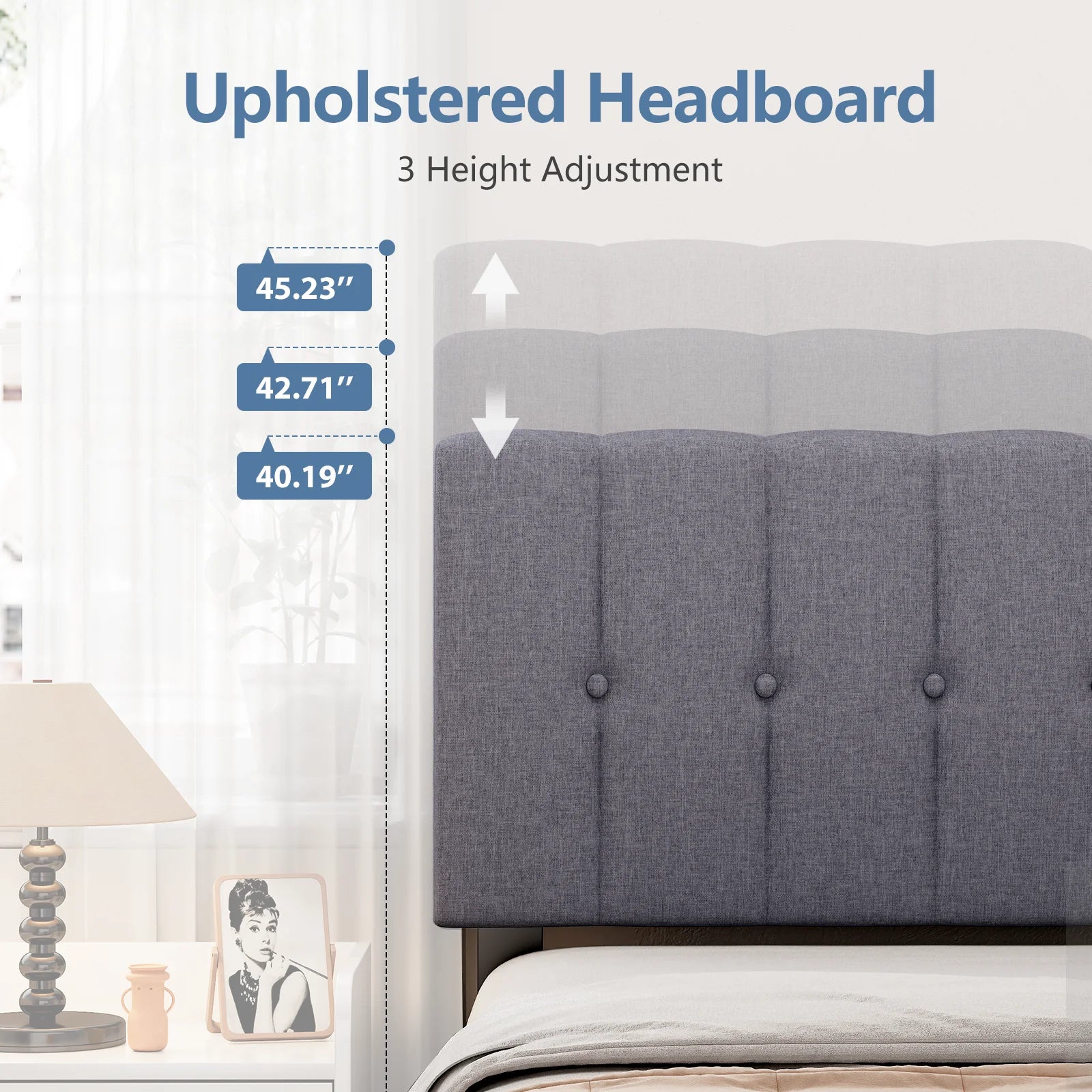 Wooden Upholstered Bed Frame with Adjustable Headboard, No Box Spring