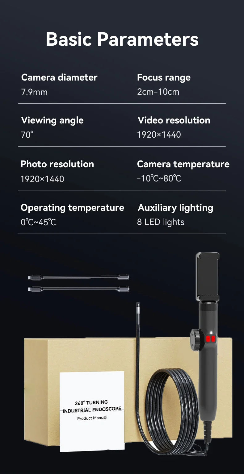 Câmera Endoscópio de Borescópio Articulado 360° com Luz