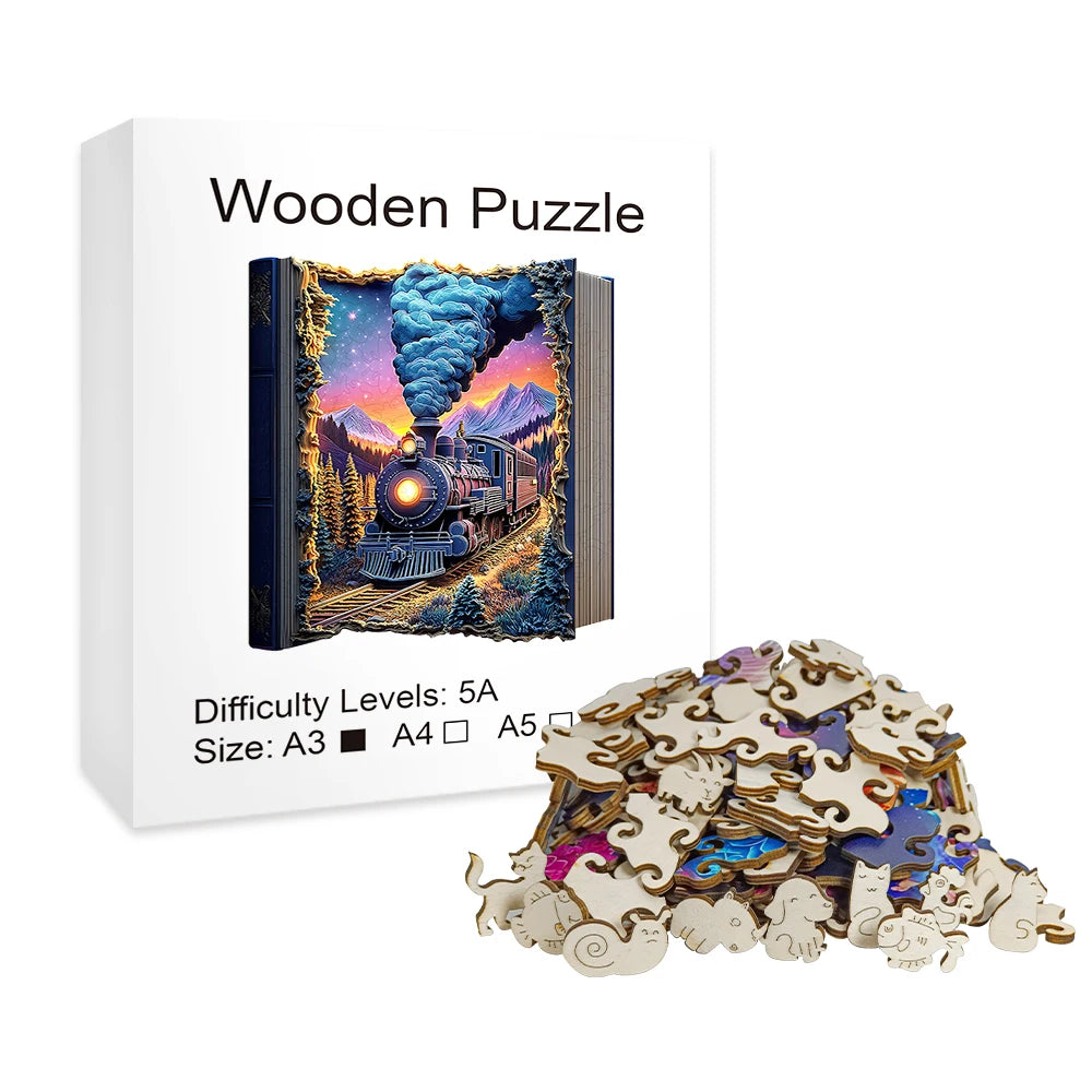 Fából készült vasút mozaik puzzle alakított darabokkal