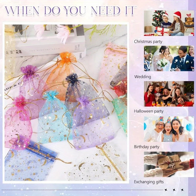 50PCS Moon Stars Drawstring Organza Bags Jewelry Gift Bags Pouches Gold Star Organza Favor Pouches for Christmas Wedding
