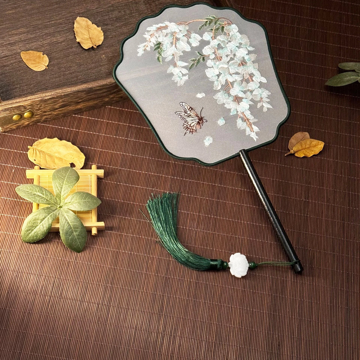 Double-Sided Embroidered Hand Fan with Wooden Handle