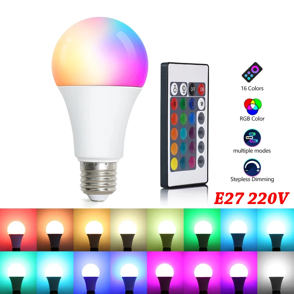 16 Colors RGB Bulb LED Multicolor Bulb E27 Base 220V Household Lighting Dimmable 24 Key Remote Control Atmosphere Neon Light