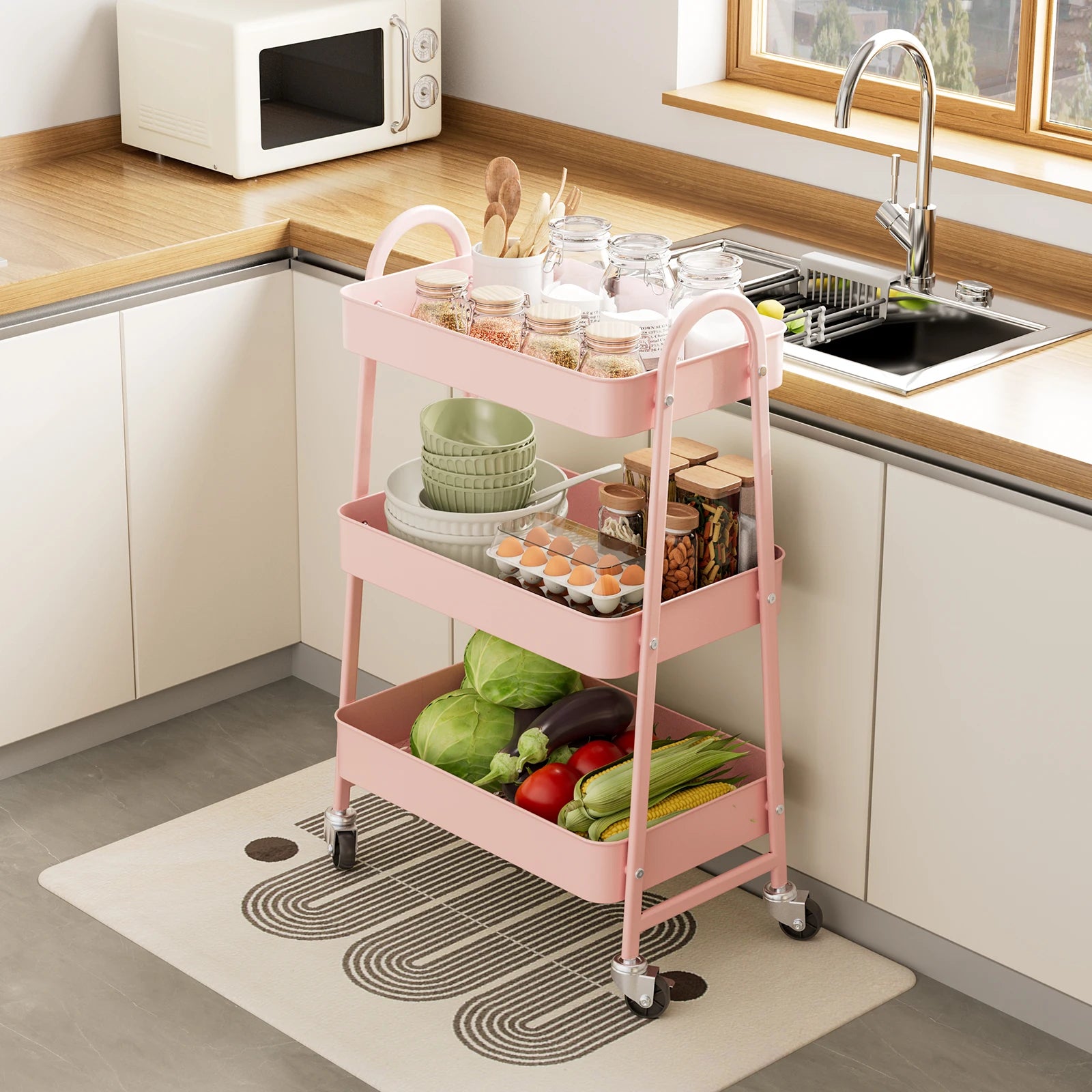 3-Tier Rolling Storage Cart with Lockable Wheels for Small Spaces