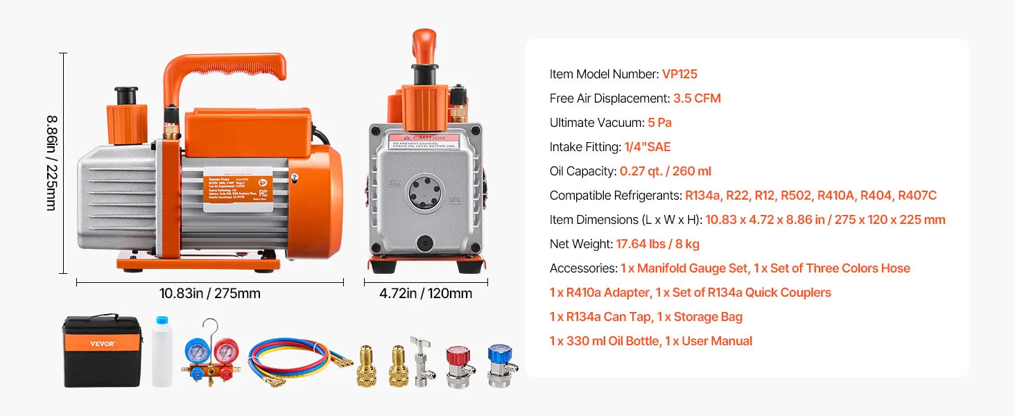 HVAC Vacuum Pump & Gauge Set 3.5/4.5 CFM with Hoses Kit