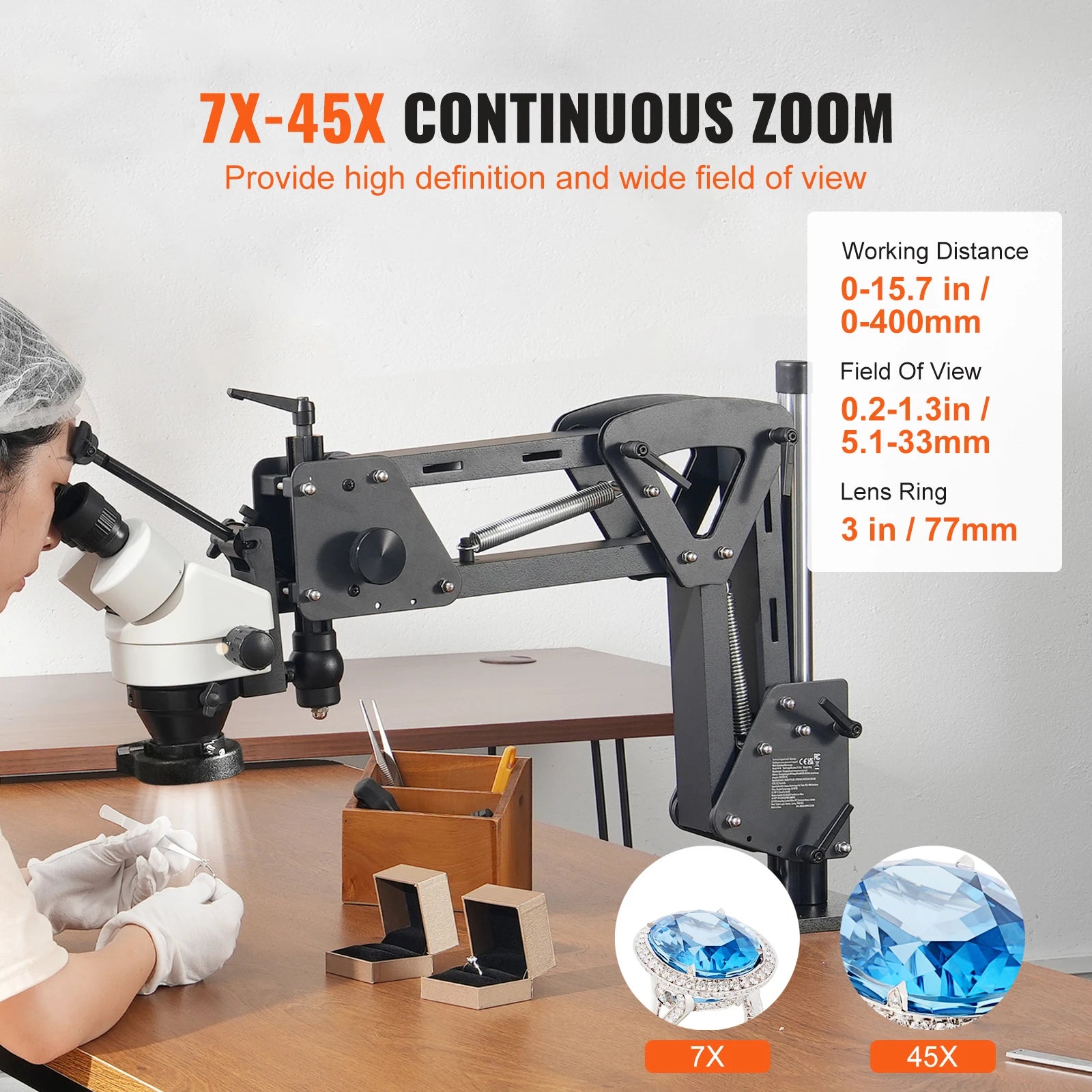 Microscope à bijoux multidirectionnel 7X–45X avec anneau lumineux LED