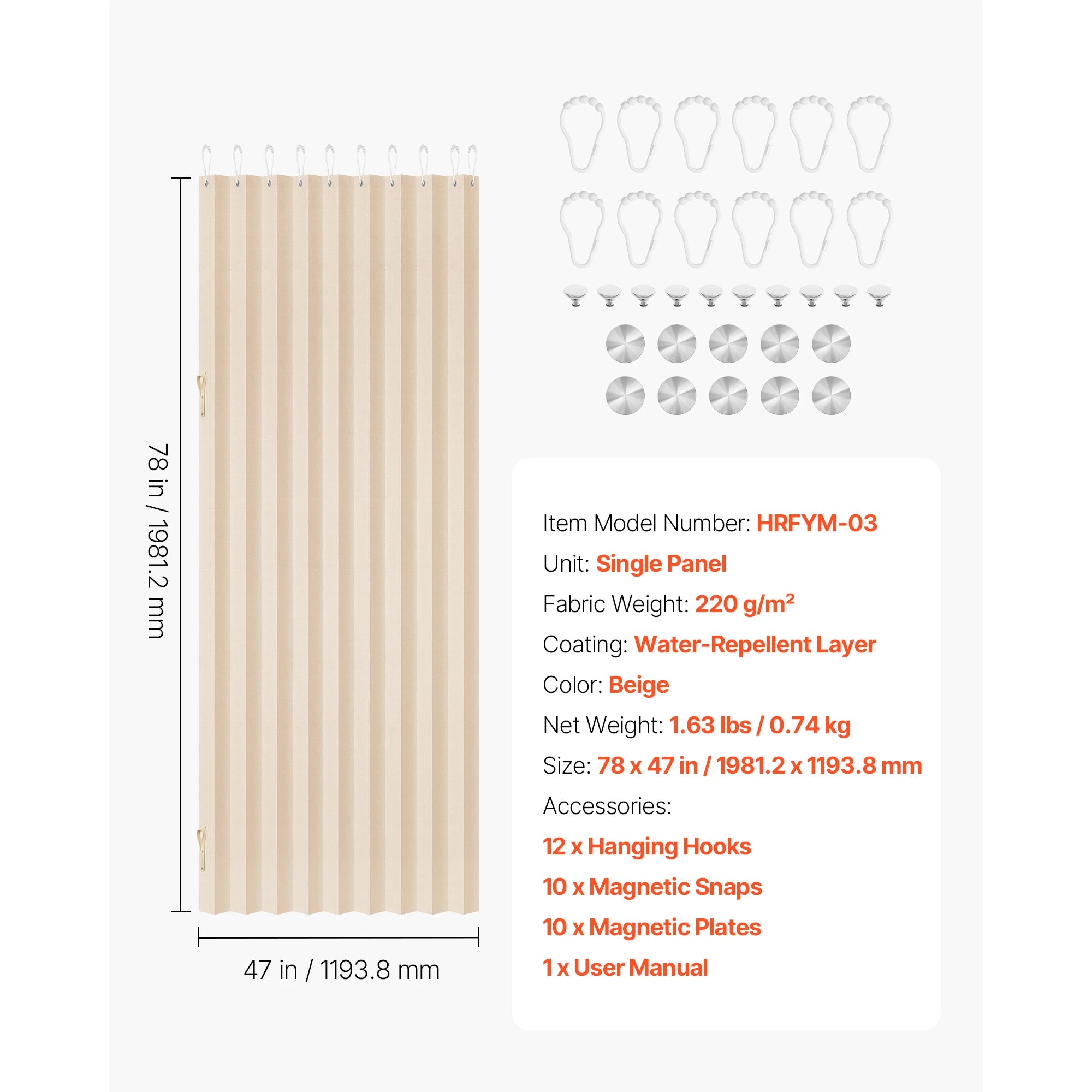 Accordion Door Curtain 47x78 Inch Blackout Folding Magnetic Door Panel