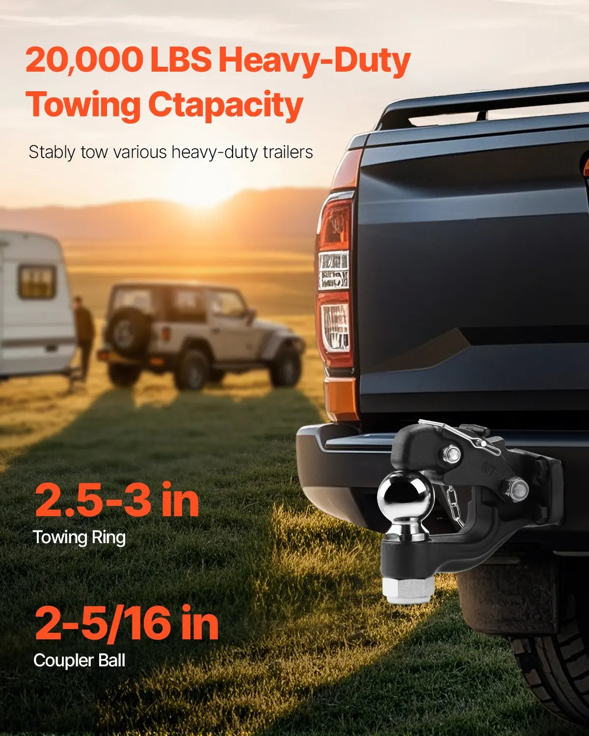 9070KG Heavy Duty Trailer Hitch Assembly with 2-5/16 Inch Trailer Ball, Fits 6.35-7.62cm Lunette Ring, Black Powder Coated Trailer Coupler Hitch with Complete Mounting Hardware