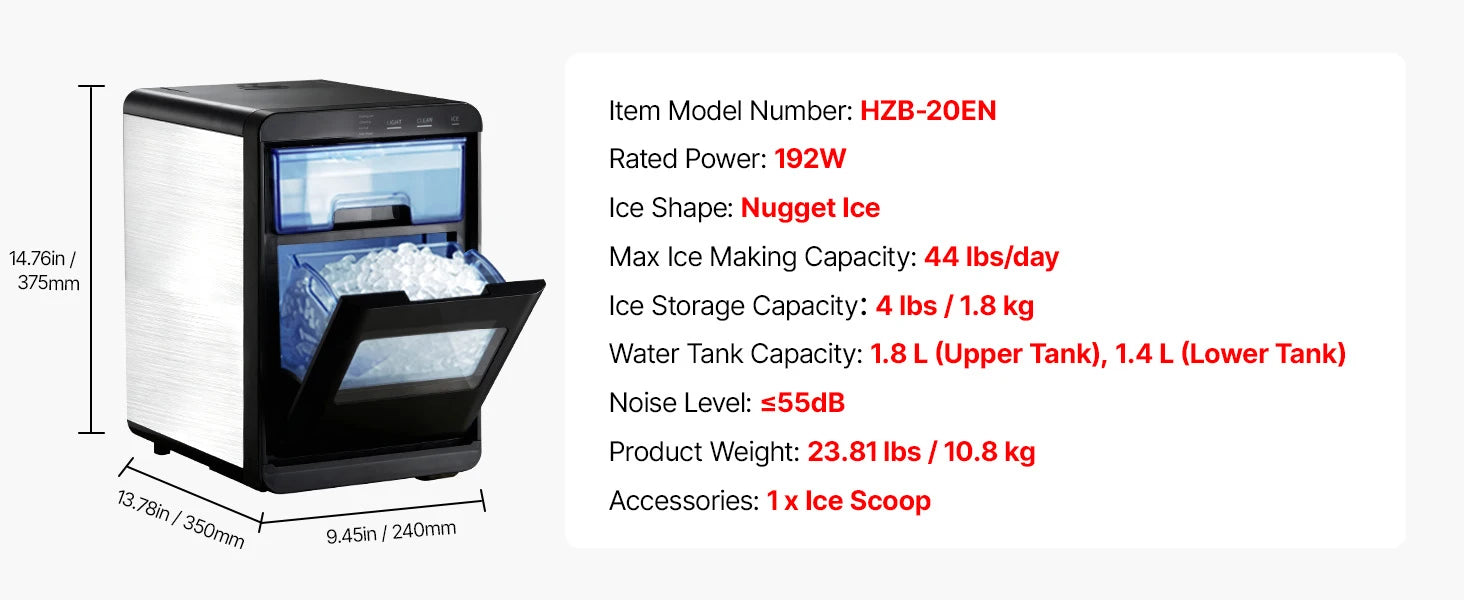 Countertop Nugget Ice Maker 33–44 lbs/Day with Self-Cleaning