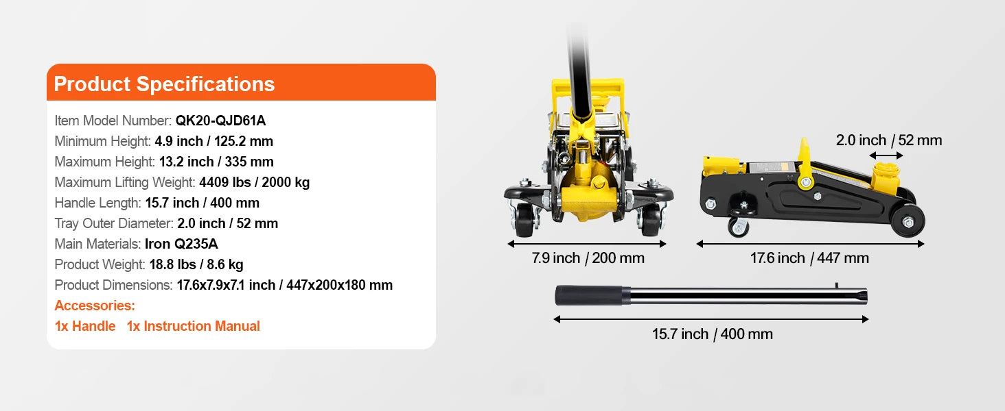 2 Ton Lage Profiel Hydraulische Vloerkrik met Dubbele Pomp Hefvermogen