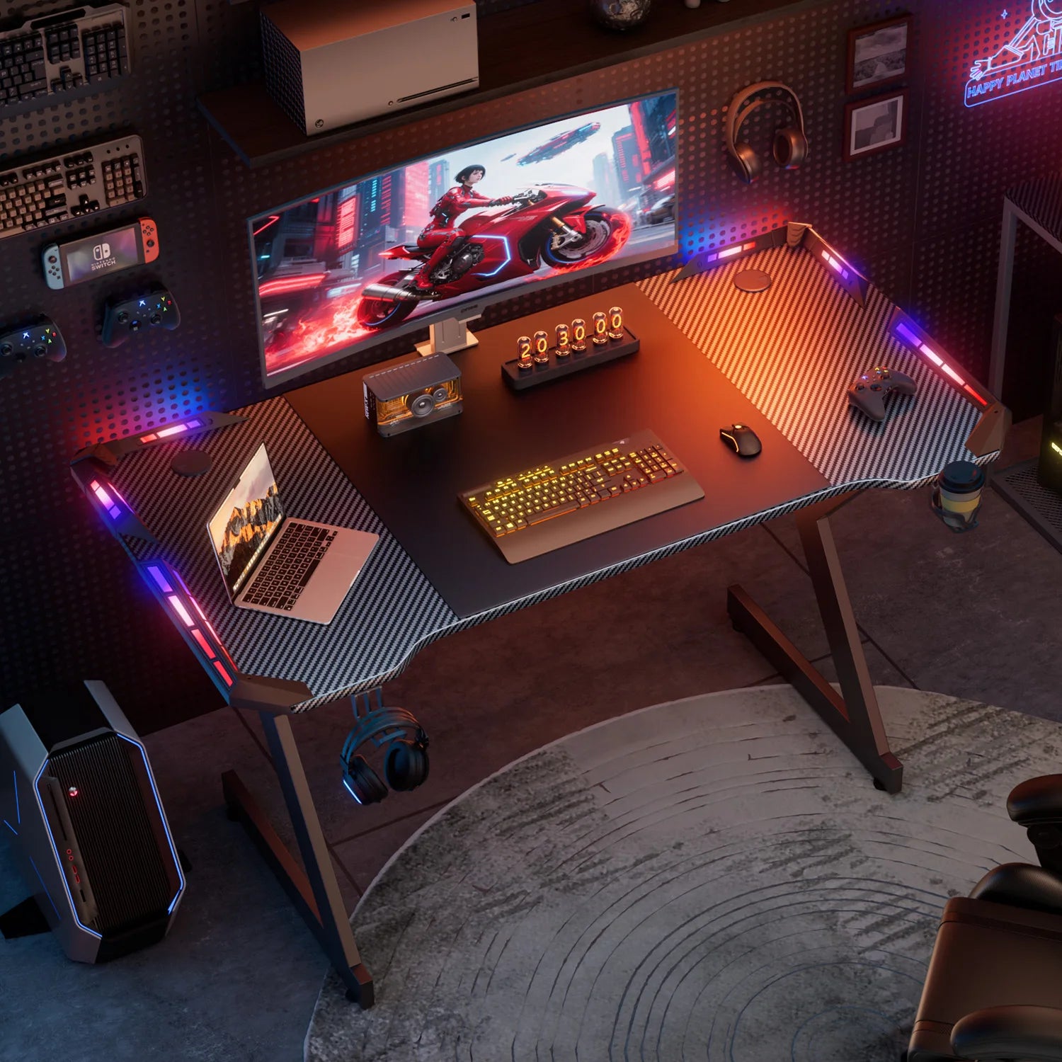 Y-Shaped RGB Gaming Desk with Cup Holder and Headphone Hook