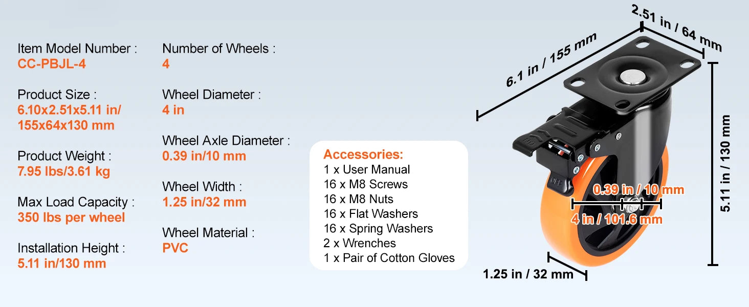 Swivel Plate Caster Wheels Set with Dual Locking Brakes 2–6 Inch