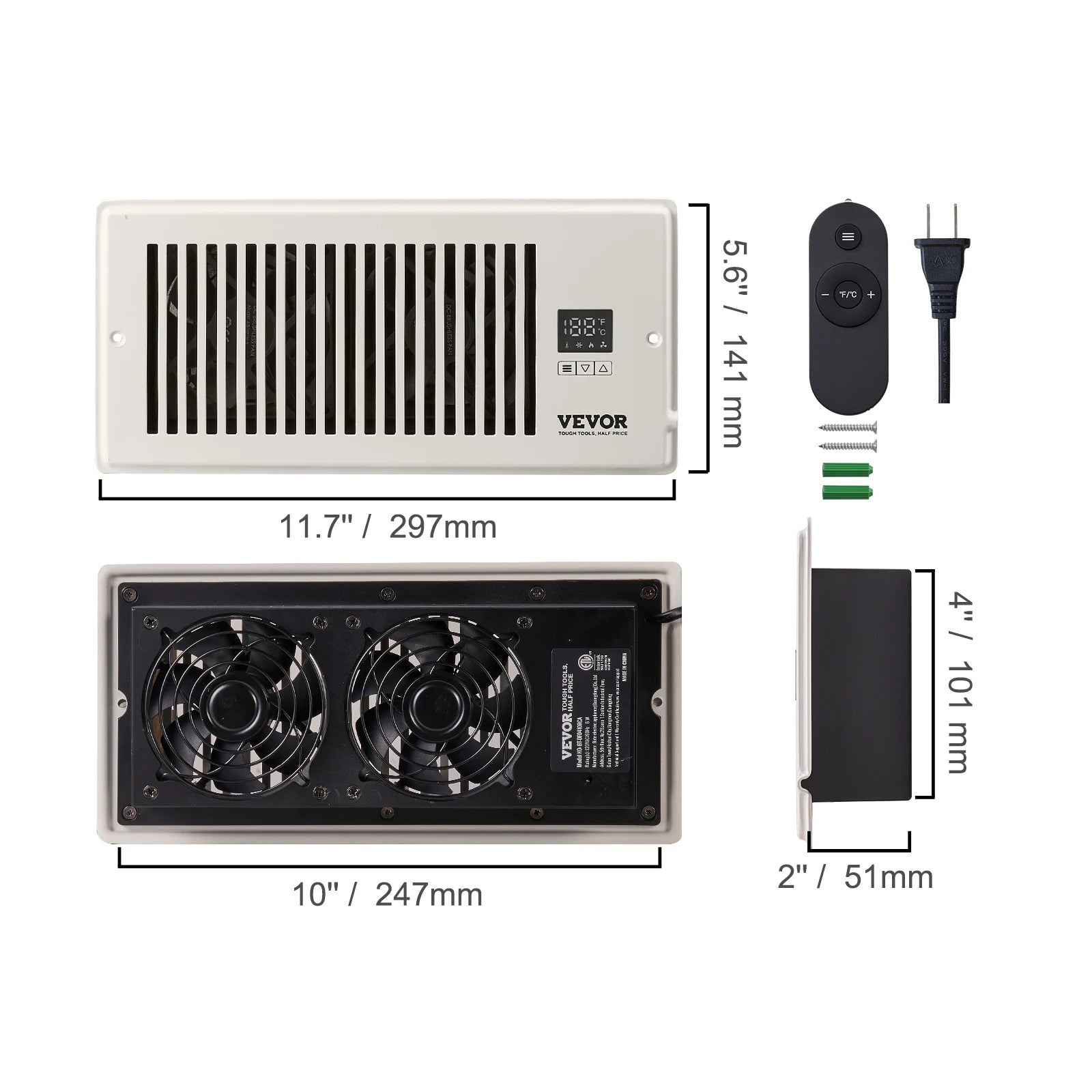 Ventilatore booster SucceBuy 4x12in, ventilatore a condotto da 100CFM, 10 velocità regolabili con controller intelligente LCD per parete e pavimento