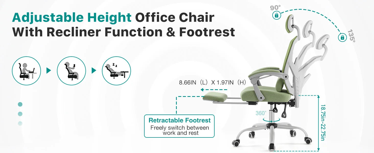 Ergonomic Reclining Mesh Office Chair with Footrest & Lumbar Support