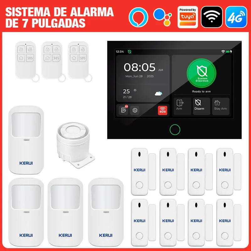 Entrega ES Kerui, grande ecrã tátil de 7 polegadas, sistema de alarme 4G+WiFi, alarme doméstico, ASK/FSK 433MHz, anti-roubo, funciona com Tuya G70