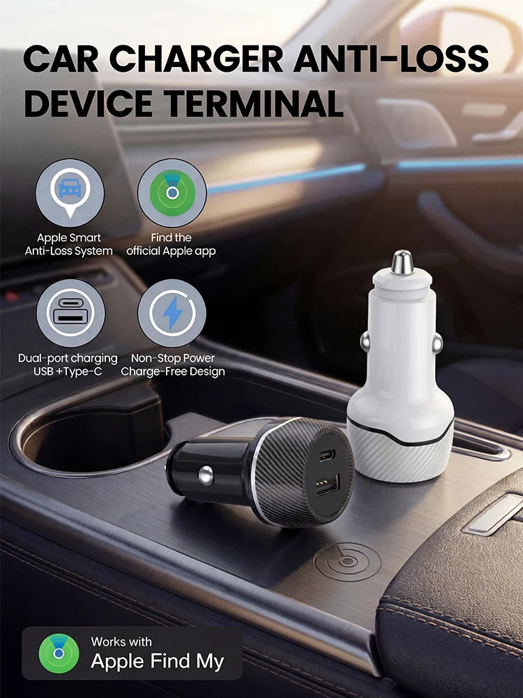 2in1 Car Charger GPS Tracker, USB Type-C Phone Fast Charging with Find My App for iOS & Android Google Find My