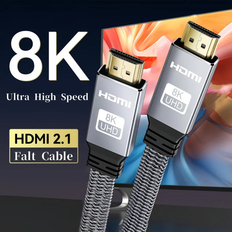 8K HDMI Flat Cable 48Gbps High Speed 8K60 4K120 144Hz Braided HDMI 2.1 Cord 3D EARC HDCP 2.2&2.3 Compatible with Roku TV/PS5