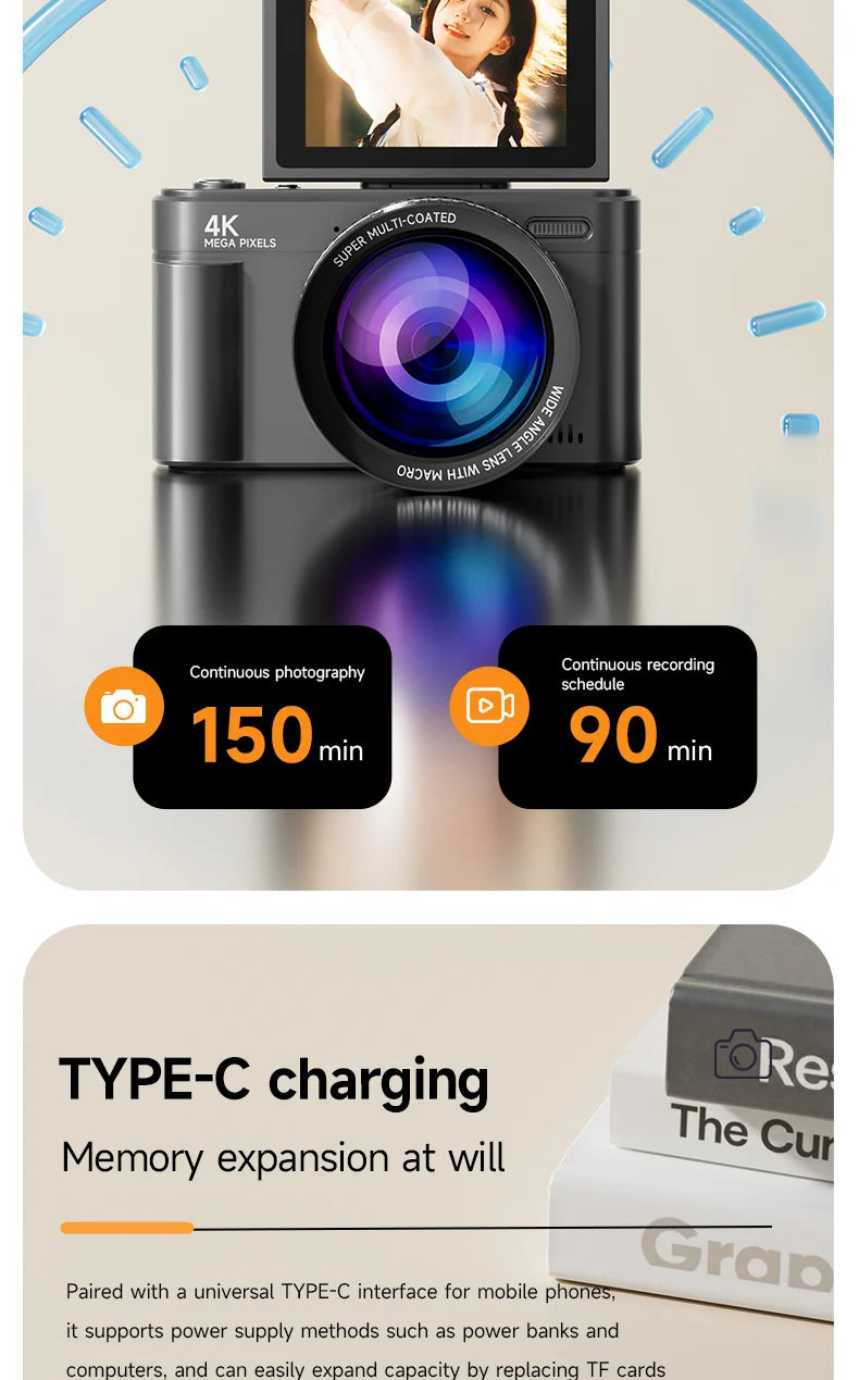 4K 64MP Retro kompaktný digitálny fotoaparát s 18-násobným priblížením