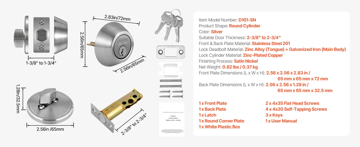 Single Cylinder Deadbolt Lock with 3 Keys for Interior & Exterior Doors