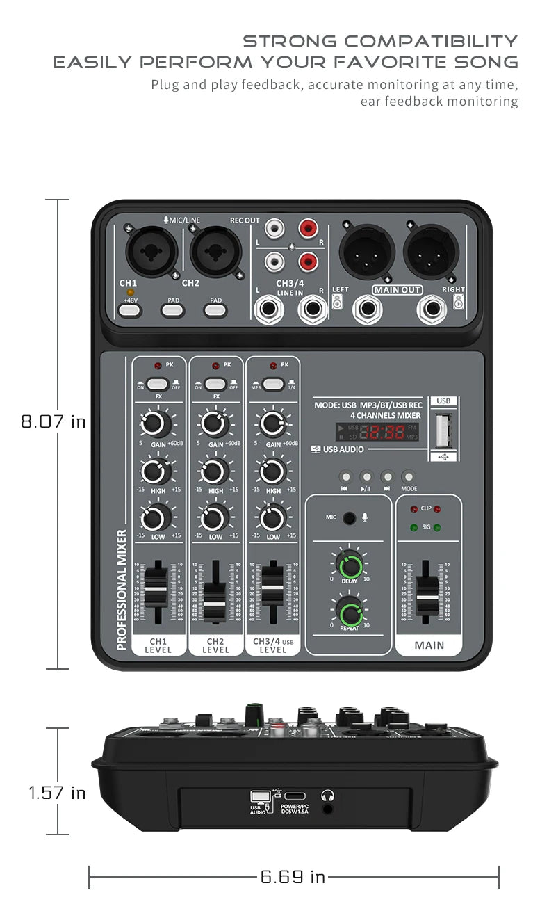 4 Channel Audio Mixer 48V Phantom Power USB Studio Sound Mixers Bluetooth DJ Console Mixing for Karaok