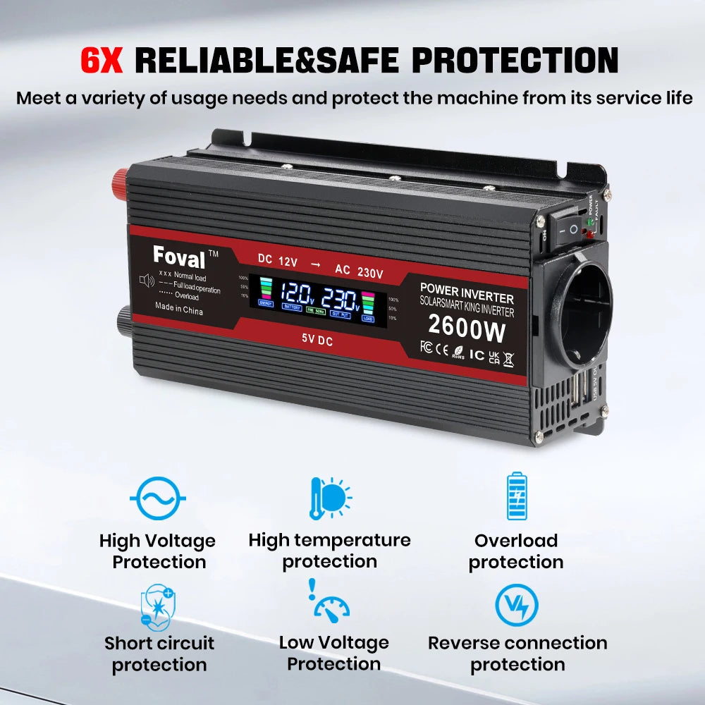 Мощен инвертор 1500W/2000W/2600W/3000W с LCD дисплей DC 12V към AC 220V, соларен, с 2 USB порта, автомобилен трансформатор, конвертор, EU щепсел, модифицирана синусоида 50Hz