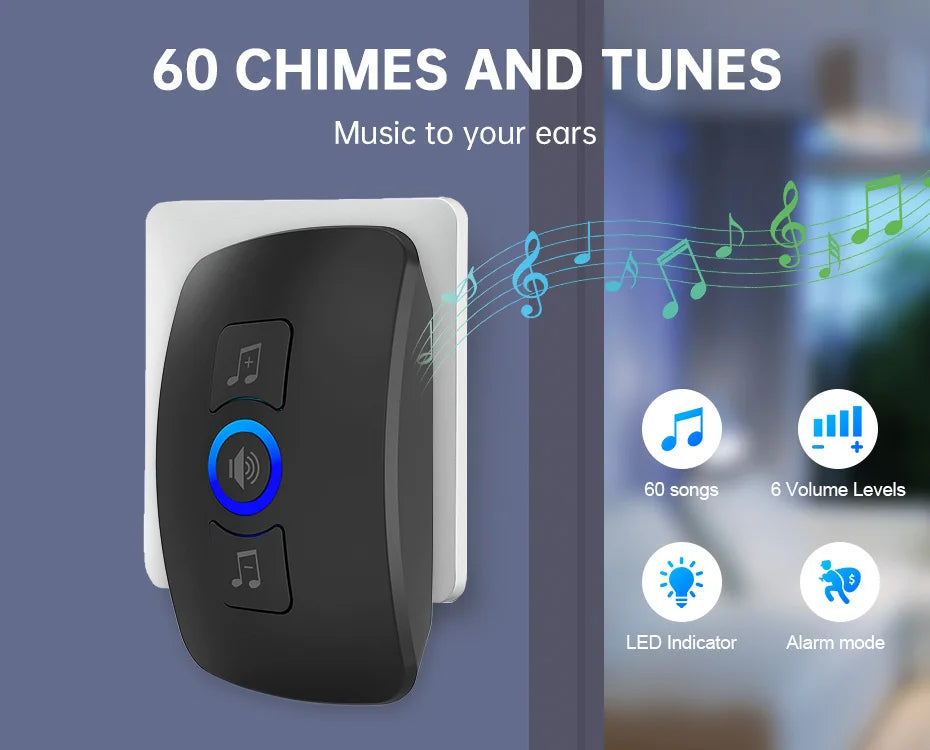 Wireless Doorbell with 60 Chimes, 500ft Range, Waterproof Button
