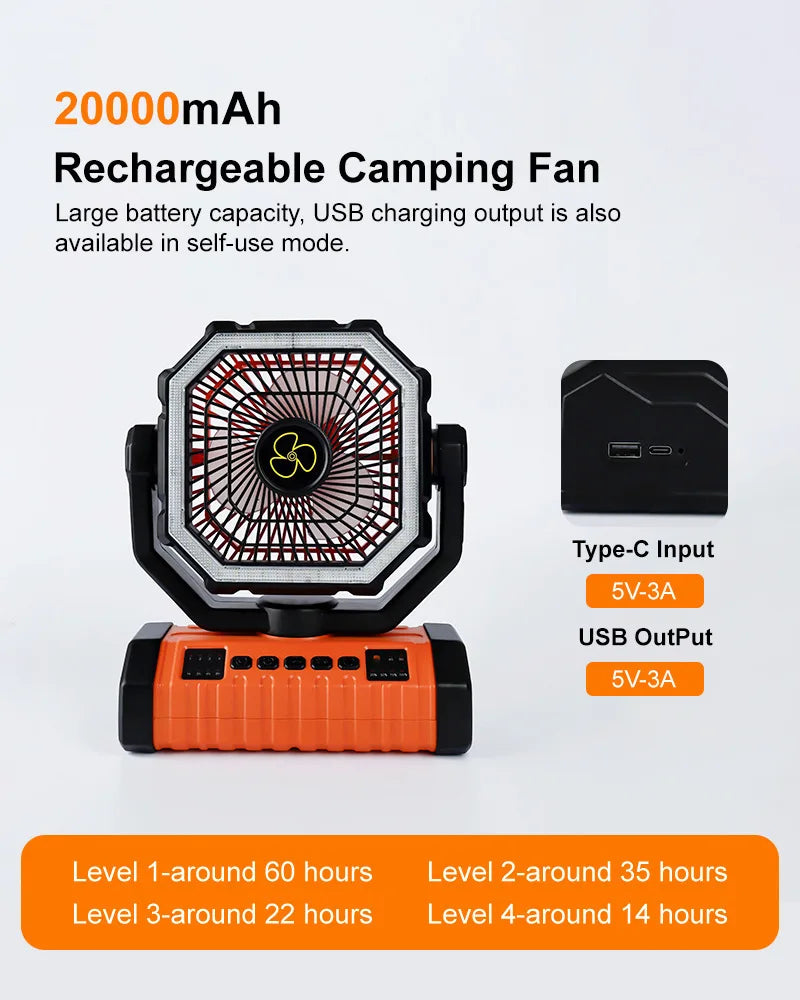 20000mAh Rechargeable Portable Fan with LED Light