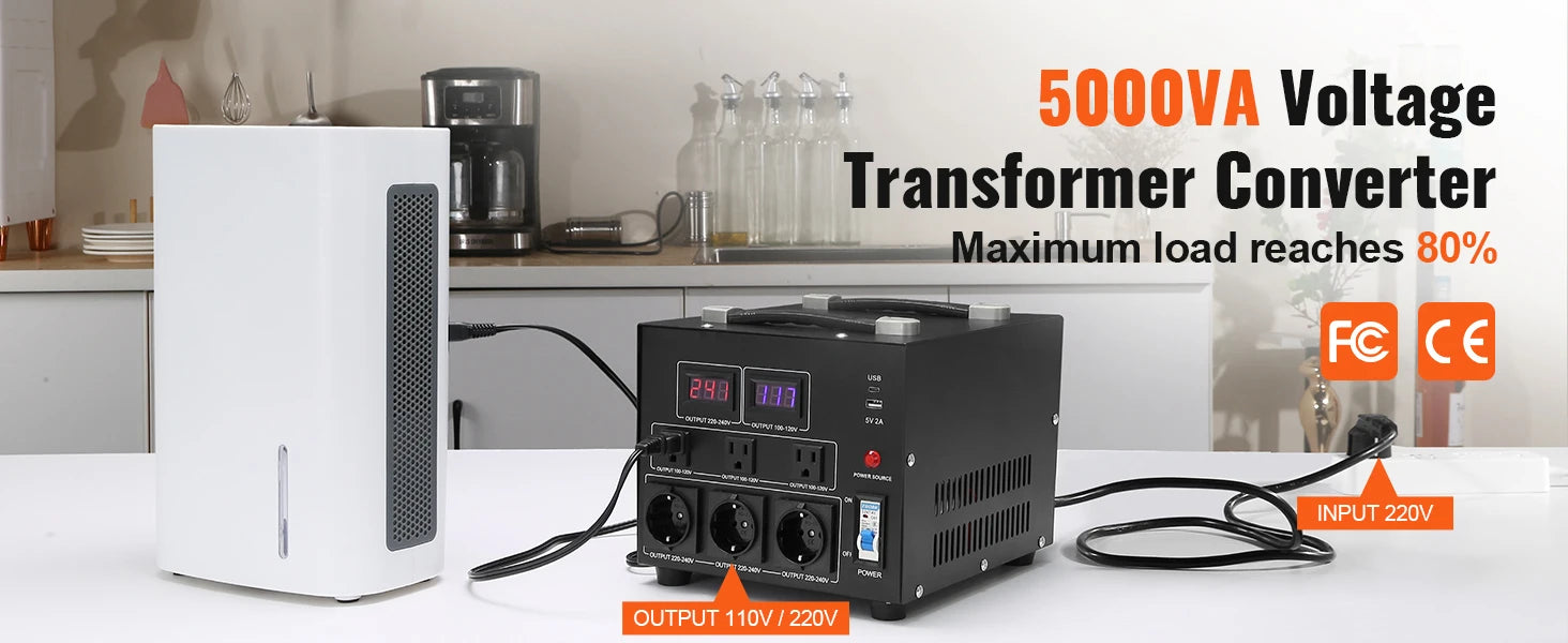 Step Up Down spanningsomvormer 2000VA–5000VA met USB- en EU/US-stopcontacten