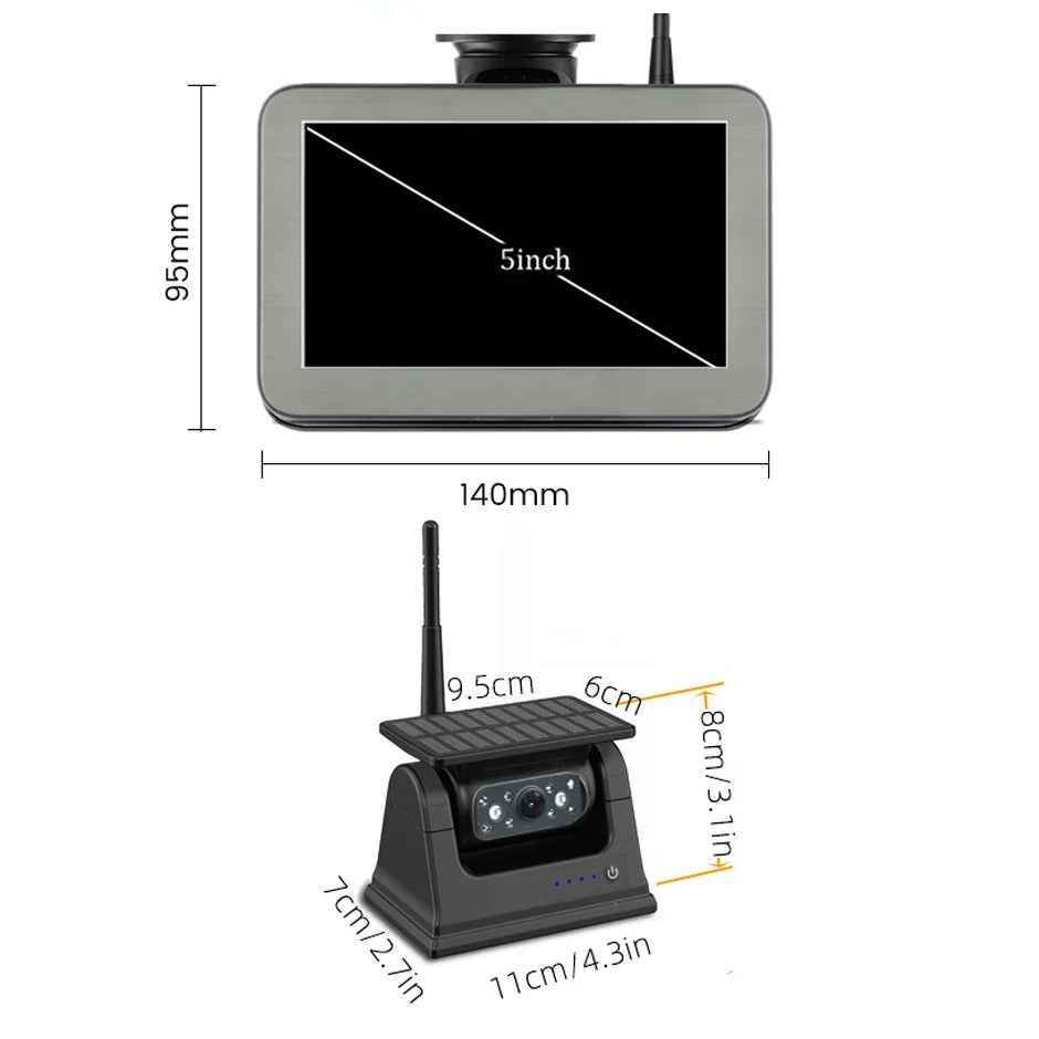 Wireless Solar Powered Energy Magnet Reverse Backup Camera with 5" Rear View Monitor for Camper Truck Trailer Pickups RV Lorry