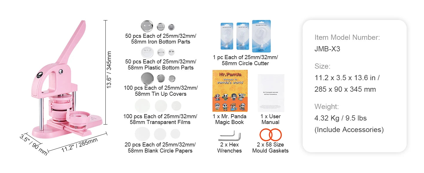 3-in-1 Button Maker Machine Kit with Panda Book & 3 Sizes