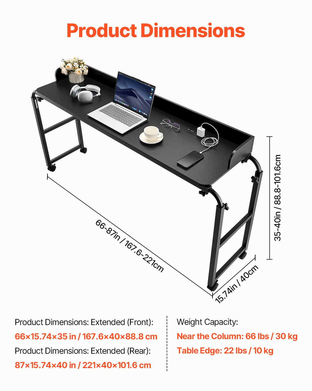 SucceBuy Overbed Table Mobile Bed Side Table w/ 4 Wheels&Power SocketHeight Adjustable Rolling Laptop Desk for Home Office Study