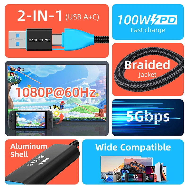 Cabo de captura e carregamento CABLETIME USB-A/USB-C para USB-C