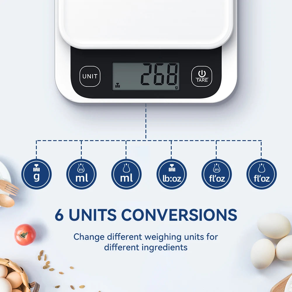 Smart køkkenvægt til ernæring, kapacitet på 5 kg, 0,1 g / 1 g