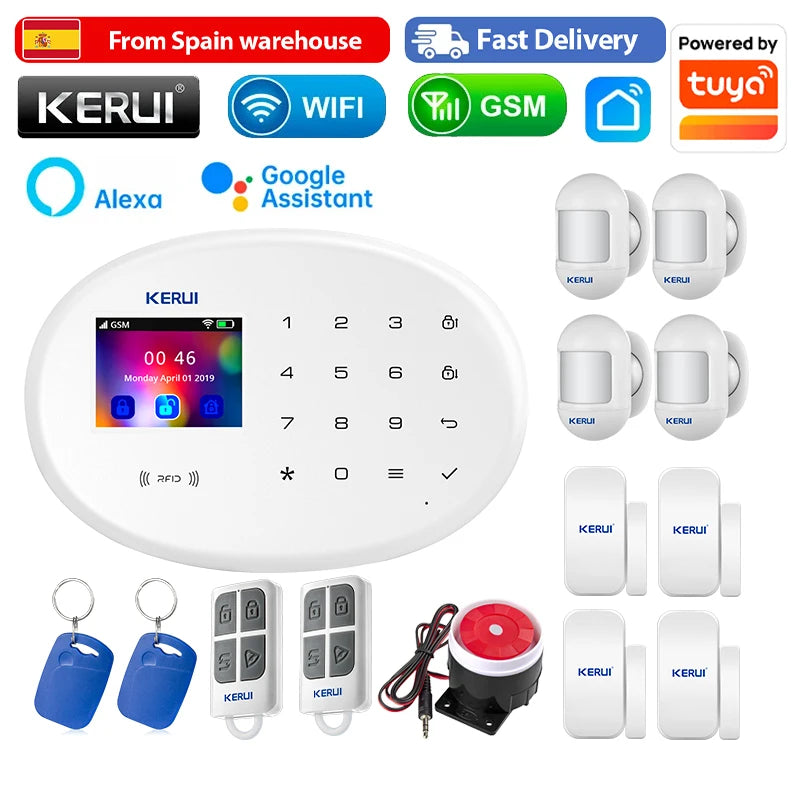 KERUI 433MHZ GSM+WiFi Heimalarm Kommt mit Tuya Smart Anti-Diebstahl Alarme Alarm System Kits Integrierte Batterie Sirene PIR Sensor