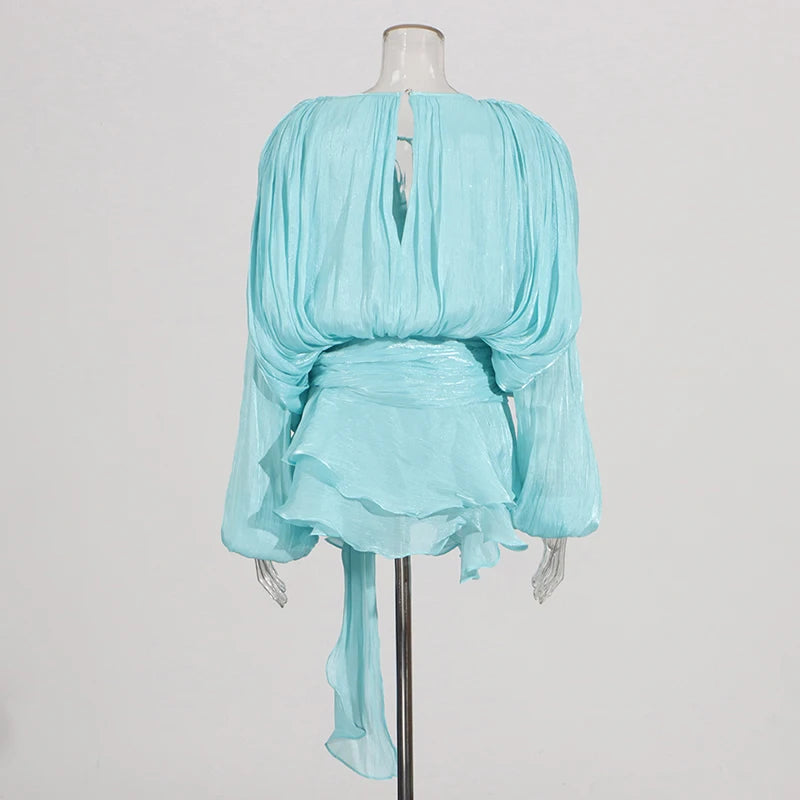 TWOTWINSTYLE Solid Patchwork Lace Up Blouse Mini Dresses For Women V Neck Long Sleeve Sweet Style Dress Female Clothing Fashion